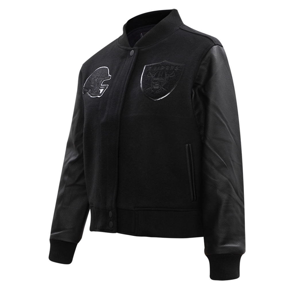 Alternative view of Las Vegas Raiders Women's Triple Black Wool & Leather Varsity Jacket