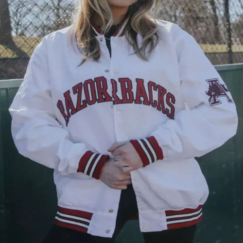 Arkansas Razorbacks Bomber White Satin Varsity Jacket