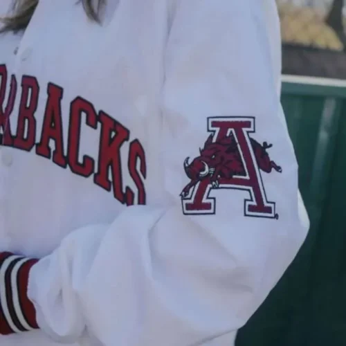 Arkansas Razorbacks Bomber White Satin Varsity Jacket - Image 3