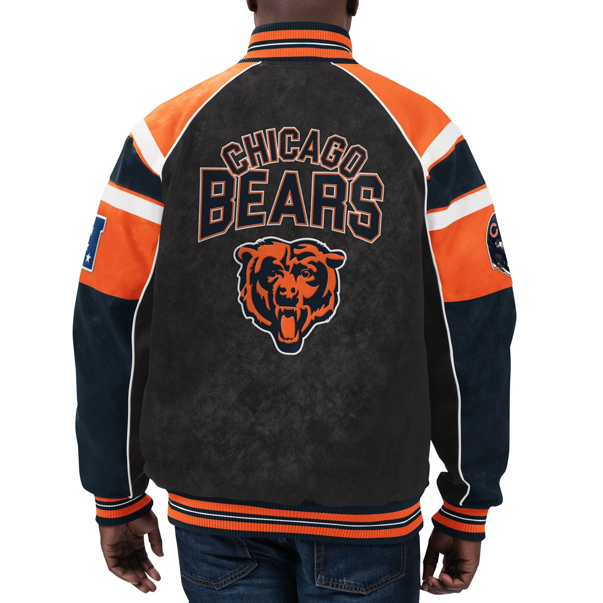 Chicago Bears Raglan Black Suede Leather Varsity Jacket - Image 2