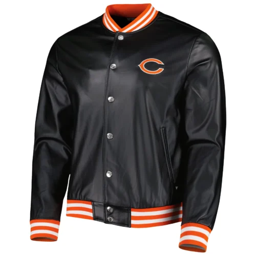 Chicago Bears Metallic Bomber Full-Snap Black Leather Jacket