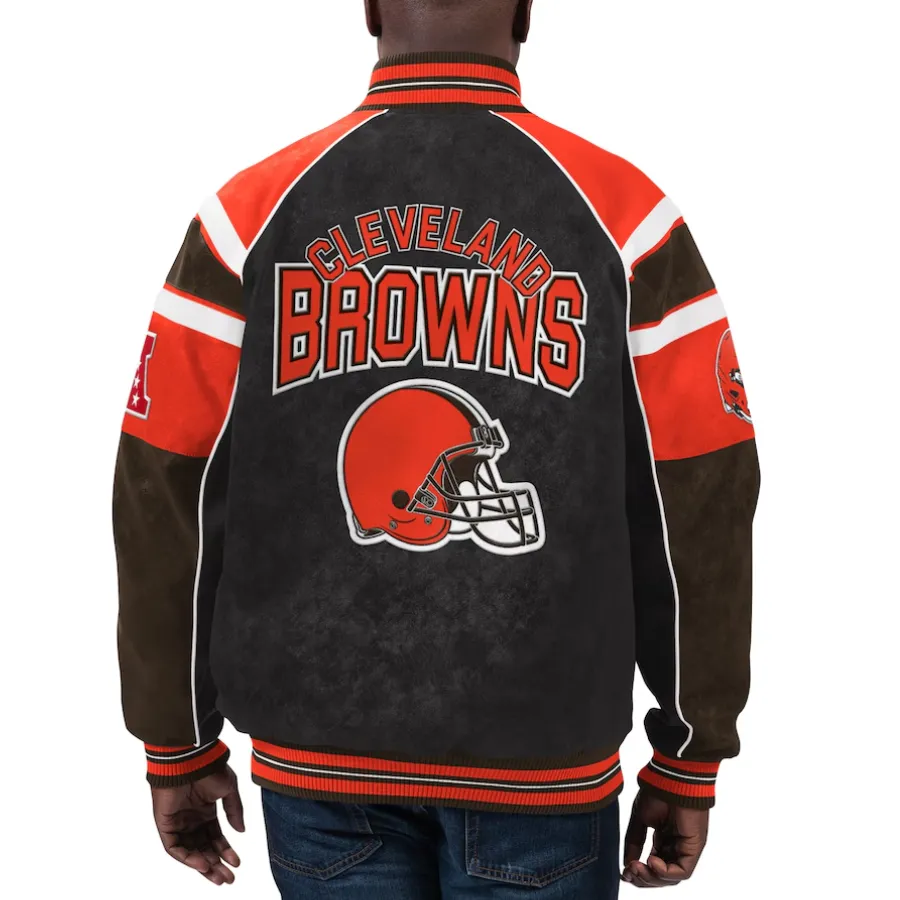 Cleveland Browns Raglan Black Suede Leather Varsity Jacket - Image 2
