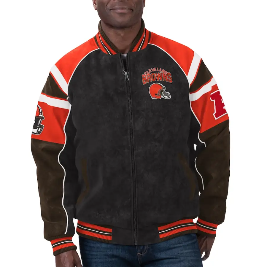 Cleveland Browns Raglan Black Suede Leather Varsity Jacket