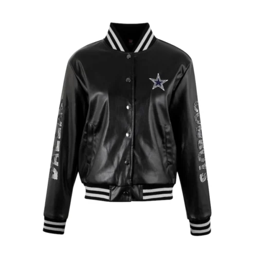 Dallas Cowboys Cuce Metallic Bomber Black Vegan Woman's Leather Varsity Jacket