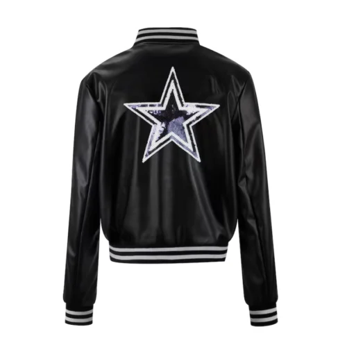 Alternative view of Dallas Cowboys Cuce Metallic Bomber Black Vegan Woman's Leather Varsity Jacket