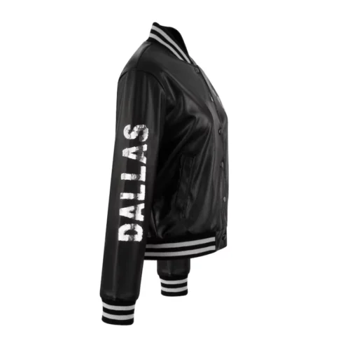 Dallas Cowboys Cuce Metallic Bomber Black Vegan Woman's Leather Varsity Jacket - Image 3