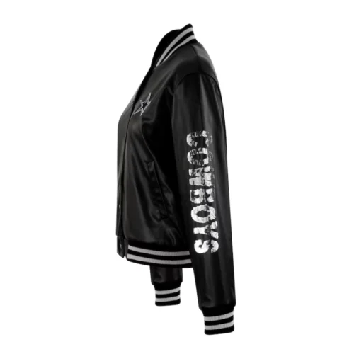 Dallas Cowboys Cuce Metallic Bomber Black Vegan Woman's Leather Varsity Jacket - Image 4