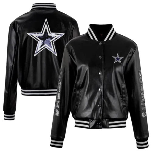 Dallas Cowboys Cuce Metallic Bomber Black Vegan Woman's Leather Varsity Jacket - Image 5