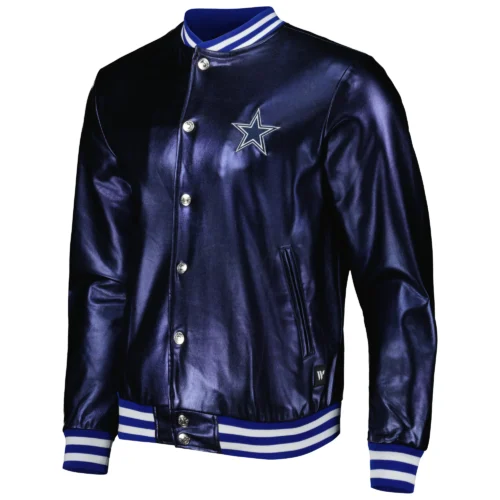 Dallas Cowboys Metallic Bomber Full-Snap Navy Leather Jacket