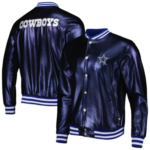 Dallas Cowboys Metallic Bomber Full-Snap Navy Leather Jacket - Image 4