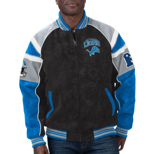 Detroit Lions  Raglan Black/Blue Suede Leather Varsity Jacket