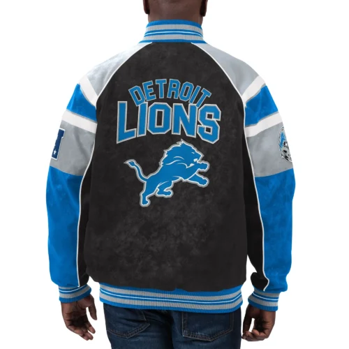Alternative view of Detroit Lions  Raglan Black/Blue Suede Leather Varsity Jacket