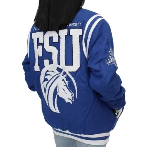 Alternative view of Fayetteville State Broncos Rib Knitted Blue Satin Bomber Varsity Jacket
