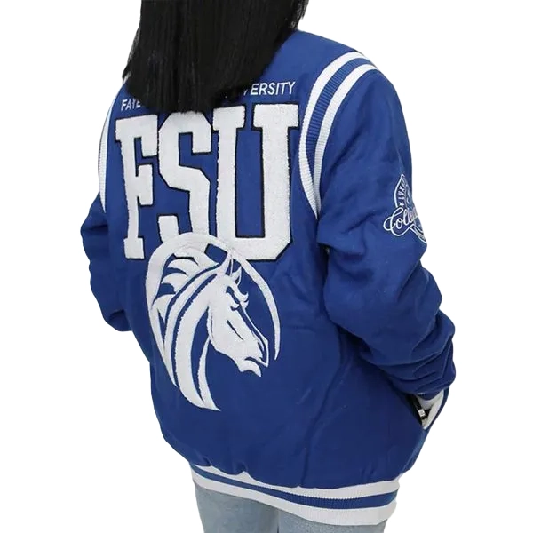 Fayetteville State Broncos Rib Knitted Blue Satin Bomber Varsity Jacket - Image 2