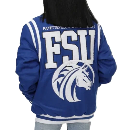 Fayetteville State Broncos Rib Knitted Blue Satin Bomber Varsity Jacket - Image 3