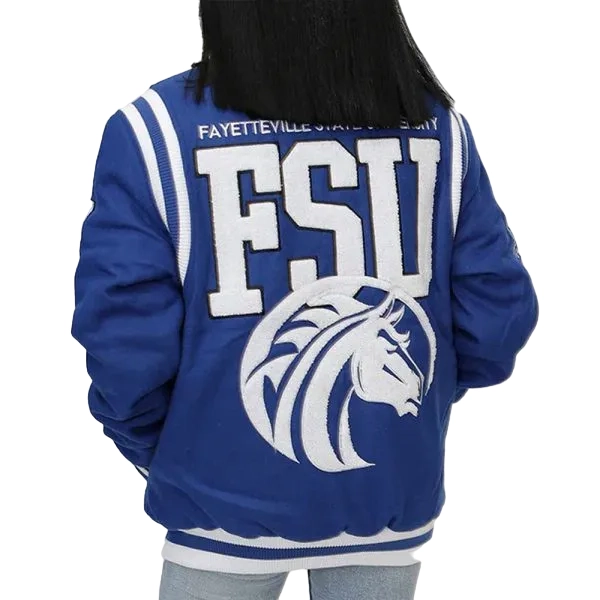 Fayetteville State Broncos Rib Knitted Blue Satin Bomber Varsity Jacket - Image 3