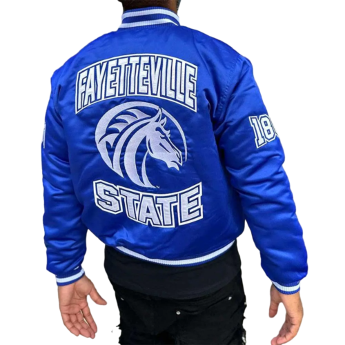 Alternative view of Fayetteville State Broncos Remix Blue Satin Varsity Jacket