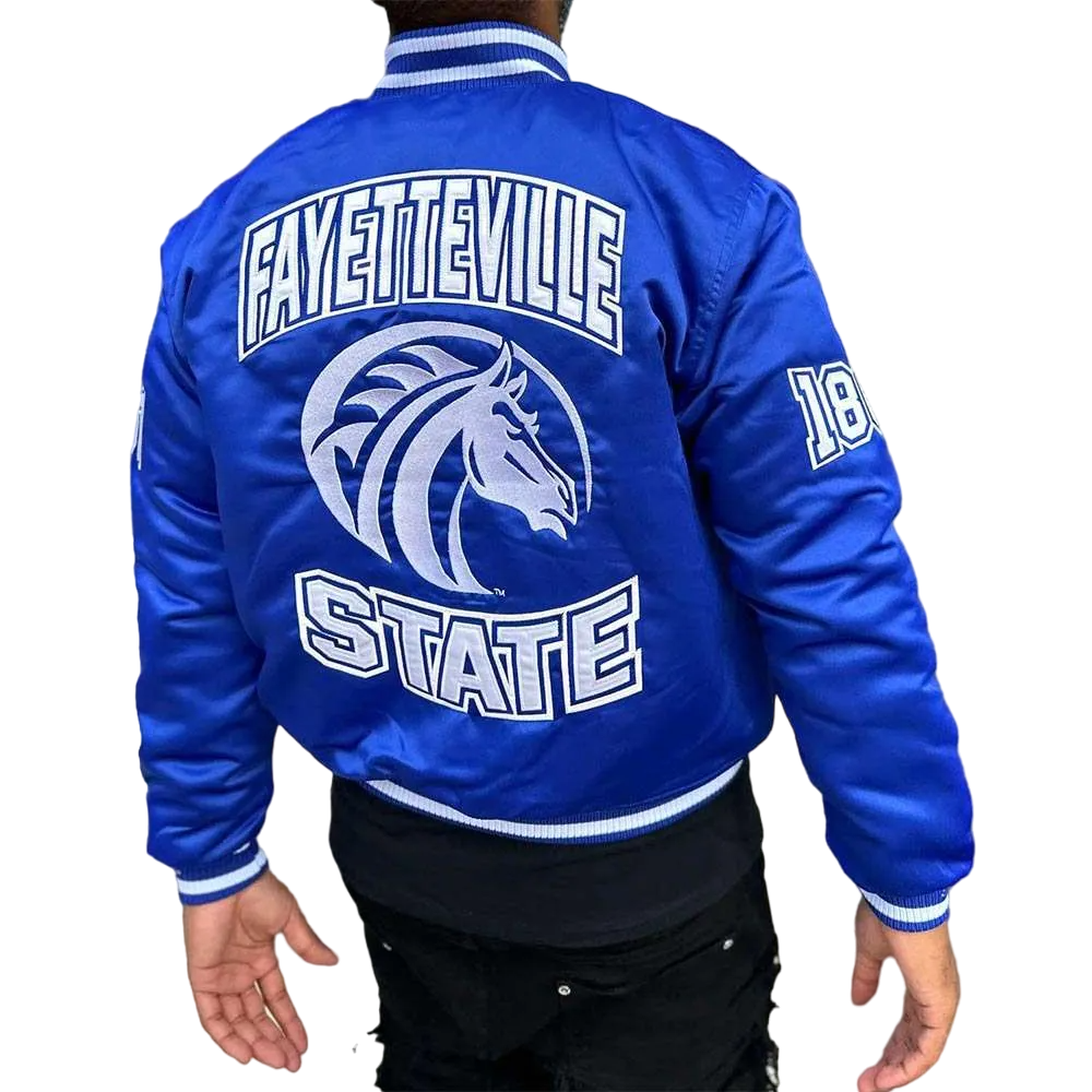Fayetteville State Broncos Remix Blue Satin Varsity Jacket - Image 2