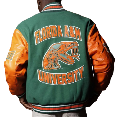 Alternative view of Men's Florida A&M Rattlers Remix Green/Orange Satin Varsity Jacket