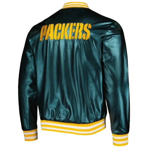 Alternative view of Green Bay Packers Metallic Bomber Full-Snap Green Leather Jacket
