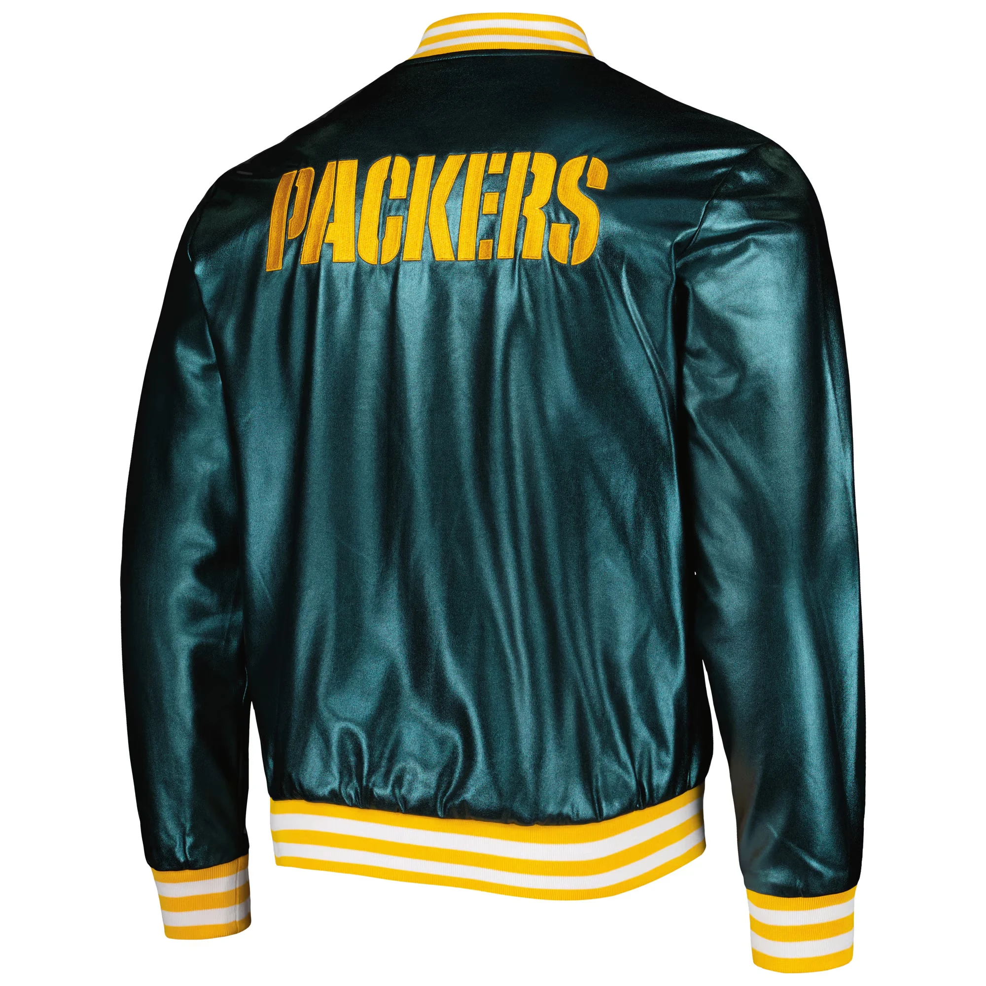 Green Bay Packers Metallic Bomber Full-Snap Green Leather Jacket - Image 2
