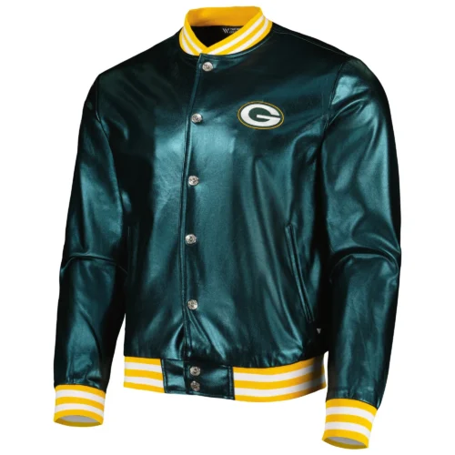 Green Bay Packers Metallic Bomber Full-Snap Green Leather Jacket