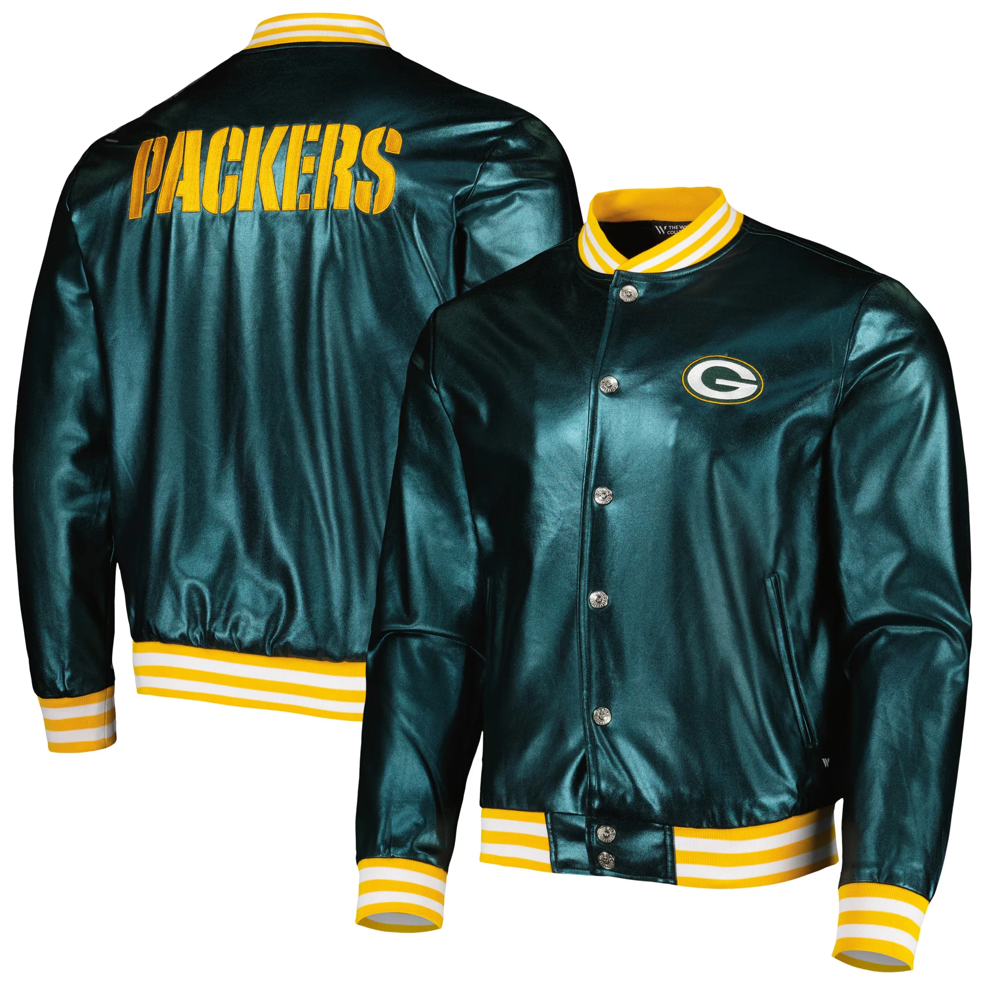 Green Bay Packers Metallic Bomber Full-Snap Green Leather Jacket - Image 4