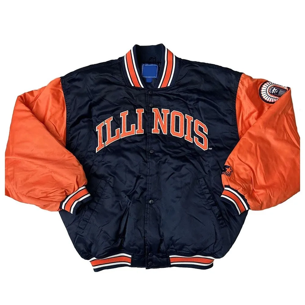 Illinois Fighting Illini 90’s Navy/Orange Satin Varsity Jacket