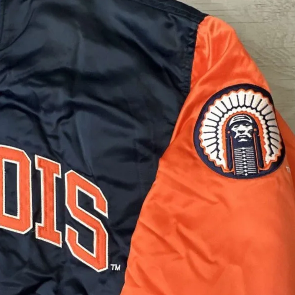 Illinois Fighting Illini 90’s Navy/Orange Satin Varsity Jacket - Image 3