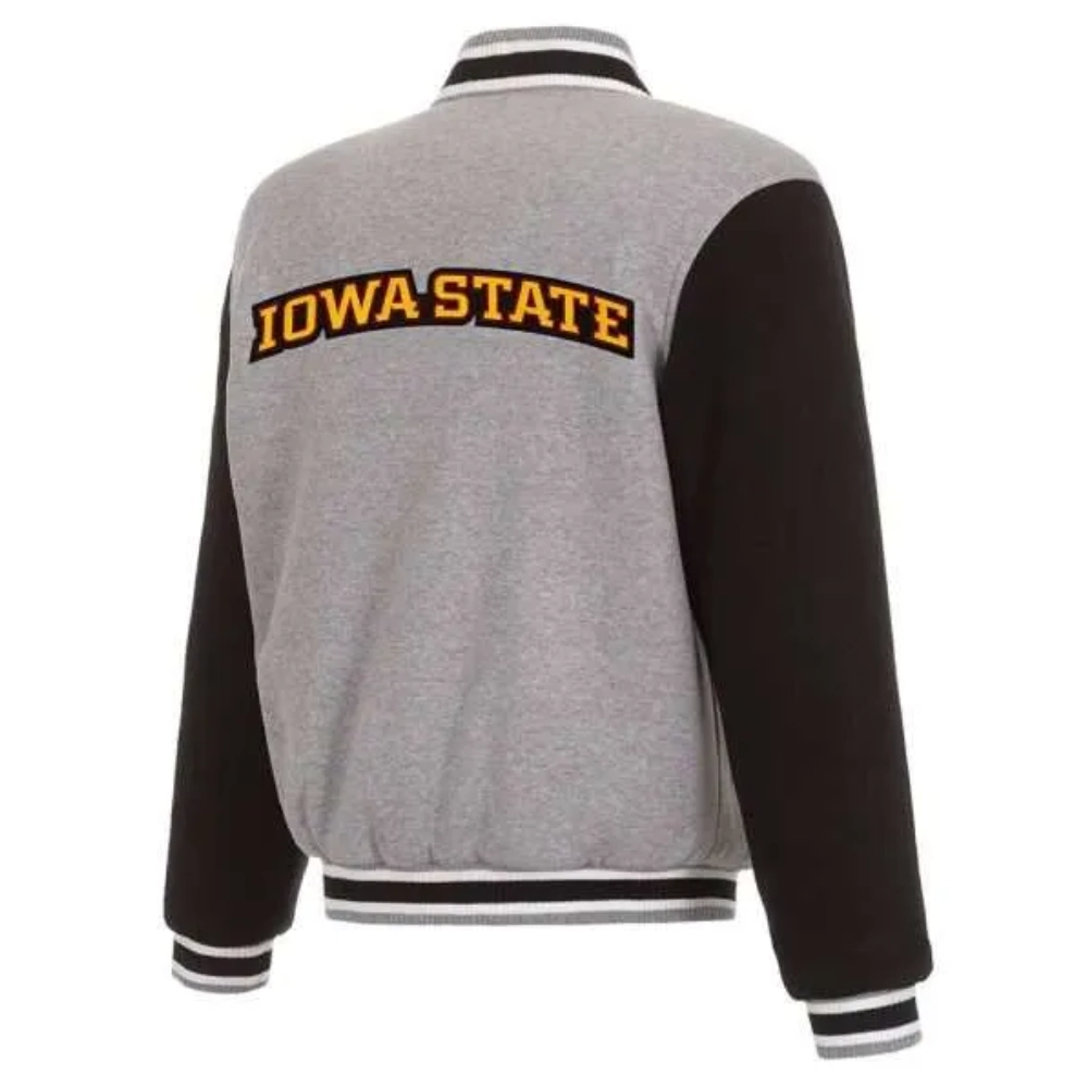 Iowa Hawkeyes Two Tone Gray/Black Wool & Leather Varsity Jacket - Image 2