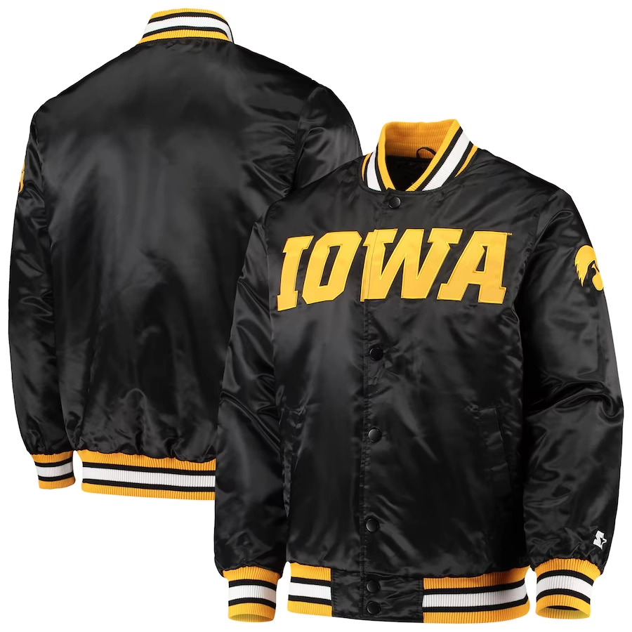 Iowa Hawkeyes O-Line Black Satin Varsity Jacket - Image 4