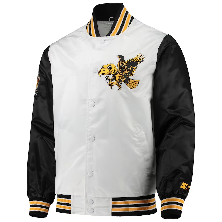 Iowa Hawkeyes The Legend White/Black Satin Varsity Jacket