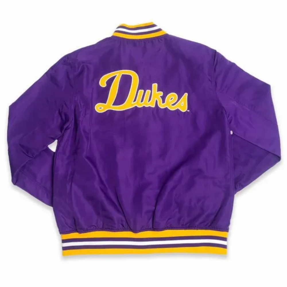 James Madison Dukes Script Purple Satin Bomber Varsity Jacket - Image 2