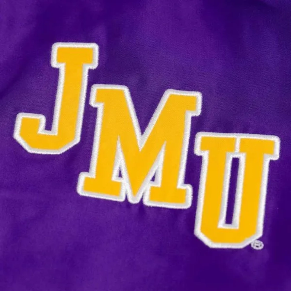 James Madison Dukes Script Purple Satin Bomber Varsity Jacket - Image 3