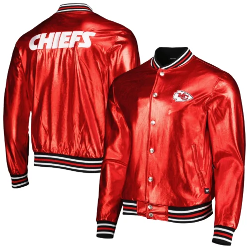 Kansas City Chiefs Metallic Bomber Full-Snap Red Leather Jacket - Image 4