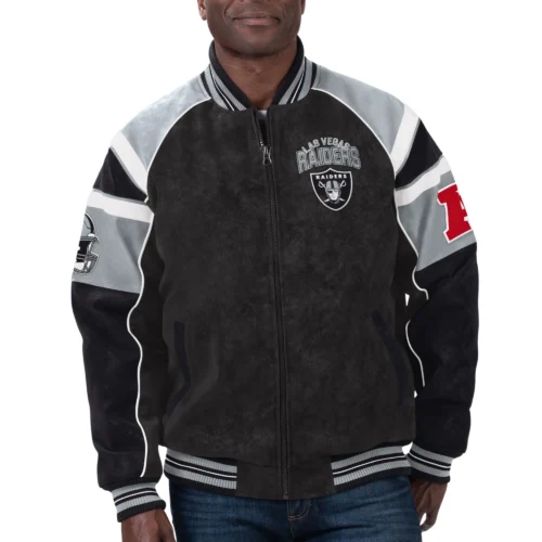 Las Vegas Raiders  Raglan Black Suede Leather Varsity Jacket