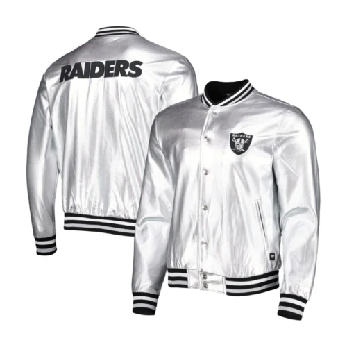 Las Vegas Raiders Metallic Bomber Full-Snap Silver Leather Jacket - Image 3