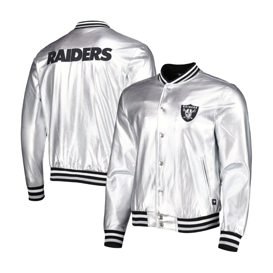 Las Vegas Raiders Metallic Bomber Full-Snap Silver Leather Jacket - Image 3