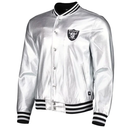 Las Vegas Raiders Metallic Bomber Full-Snap Silver Leather Jacket