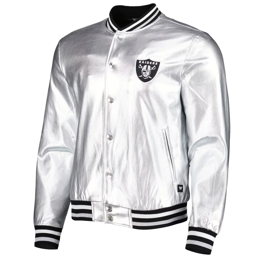 Las Vegas Raiders Metallic Bomber Full-Snap Silver Leather Jacket