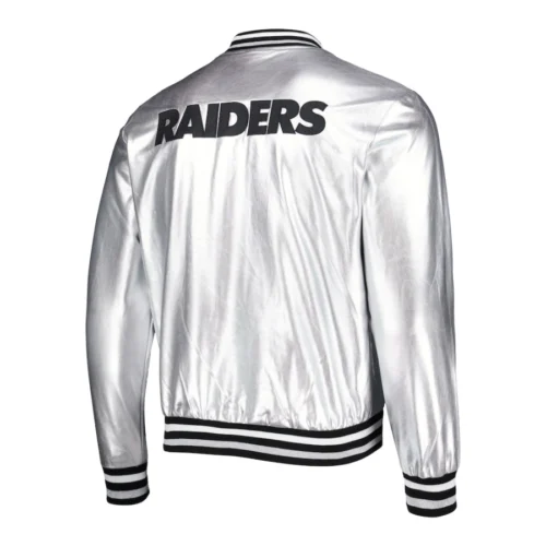 Alternative view of Las Vegas Raiders Metallic Bomber Full-Snap Silver Leather Jacket