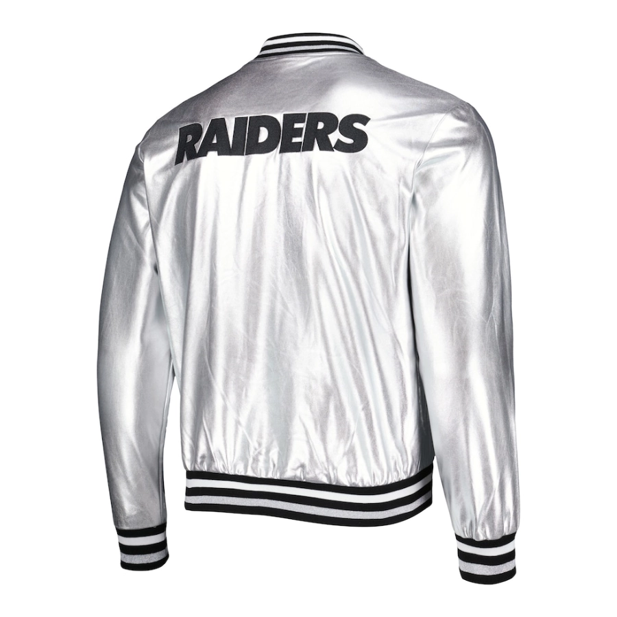 Las Vegas Raiders Metallic Bomber Full-Snap Silver Leather Jacket - Image 2