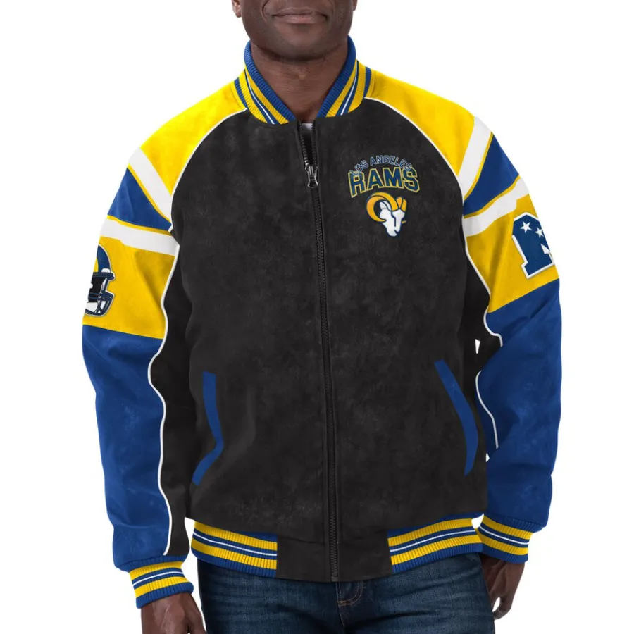 Los Angeles Rams Raglan Black/Blue Suede Leather Varsity Jacket