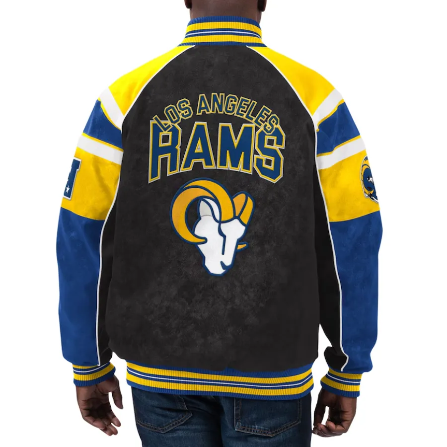 Los Angeles Rams Raglan Black/Blue Suede Leather Varsity Jacket - Image 2