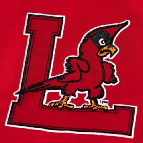 Louisville Cardinals Script Bomber Red Jacket Red Satin Varsity Jacket - Image 3