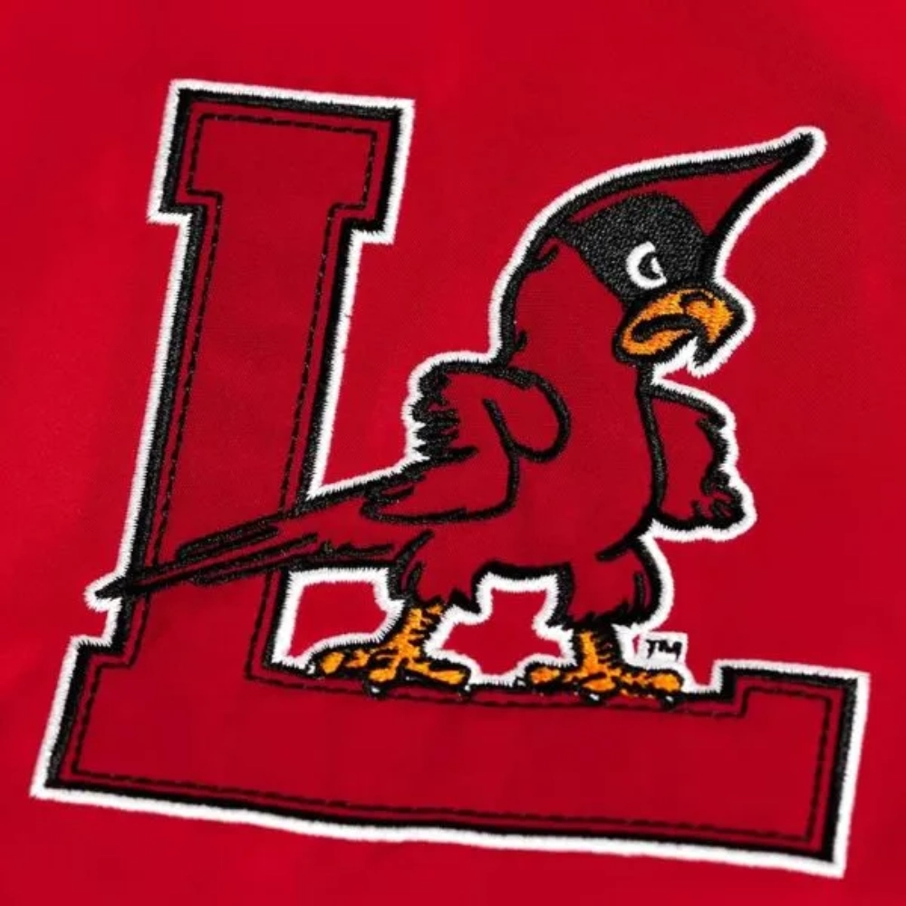 Louisville Cardinals Script Bomber Red Jacket Red Satin Varsity Jacket - Image 3