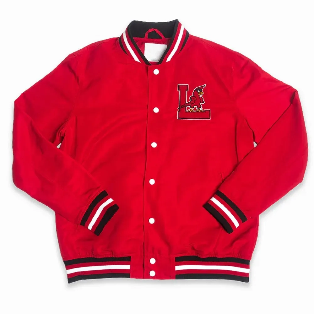 Louisville Cardinals Script Bomber Red Jacket Red Satin Varsity Jacket
