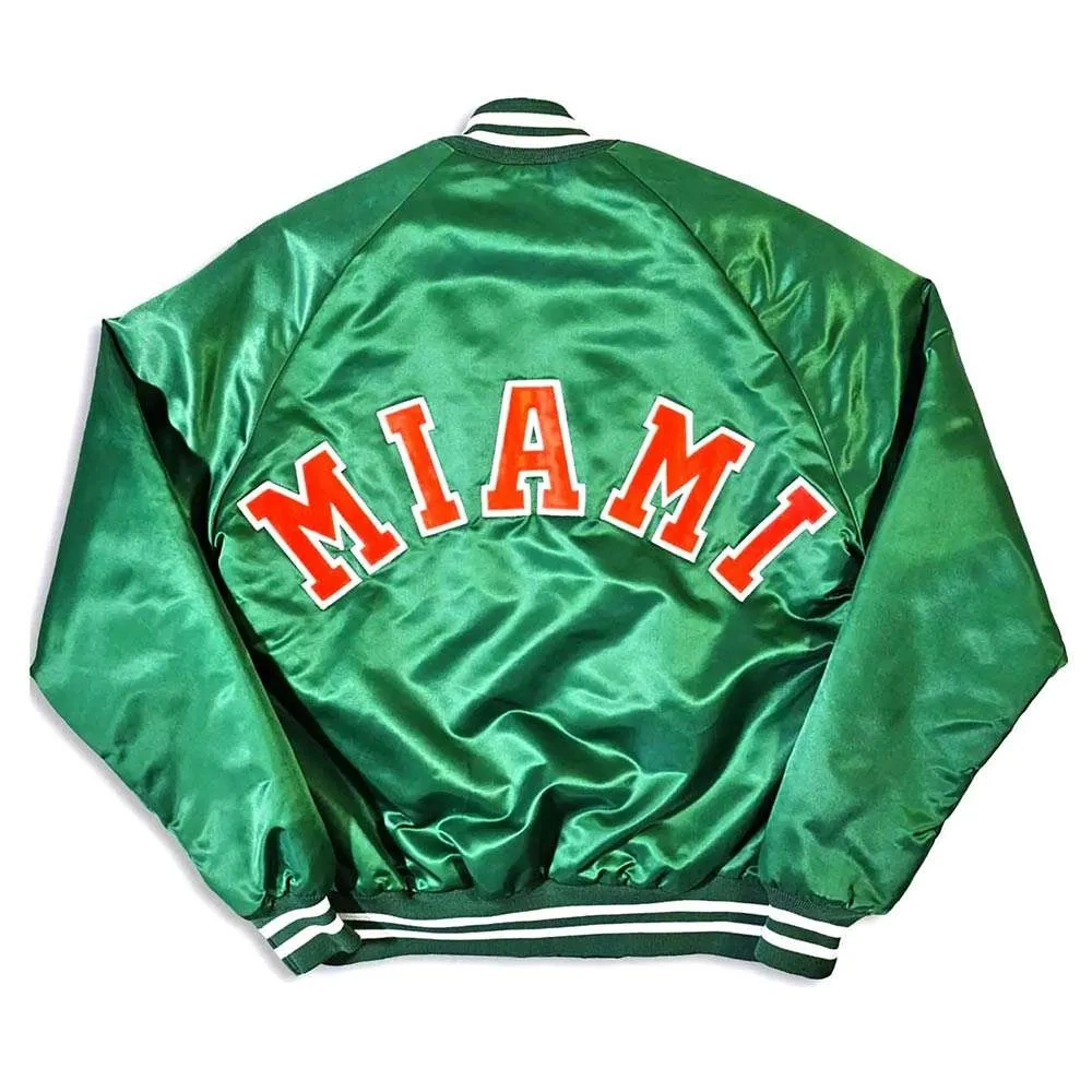 Miami Hurricanes Vintage 80’s Green Bomber Satin Varsity Jacket - Image 2