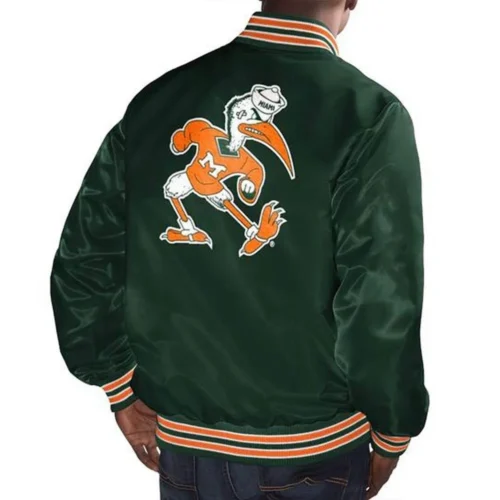 Alternative view of Miami Hurricanes Bomber Green Satin Varsity Jacket