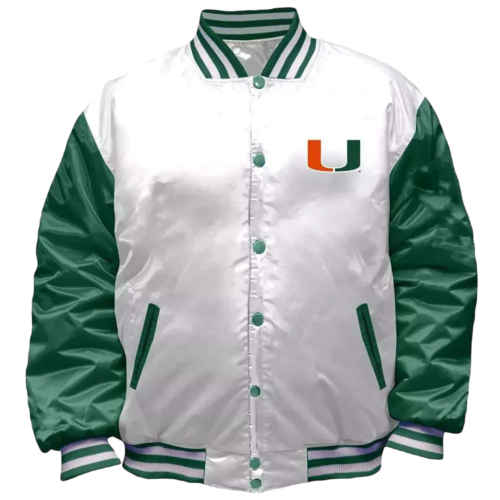 Miami Hurricanes Bomber White Satin Varsity Jacket